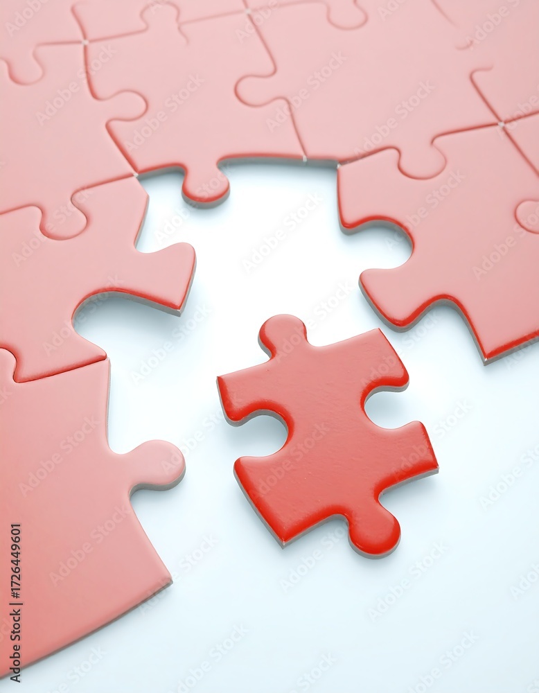 Fototapeta premium A single red puzzle piece sits separate from a nearly complete puzzle