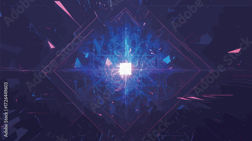 This artwork showcases a vivid explosion of colors and geometric shapes, creating an energetic center amid a dark background. The design captures movement and depth.