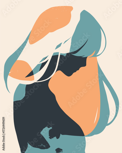 This artwork features a minimalist depiction of a woman silhouette with flowing hair, using soft colors of teal and orange. The design emphasizes simplicity and elegance.