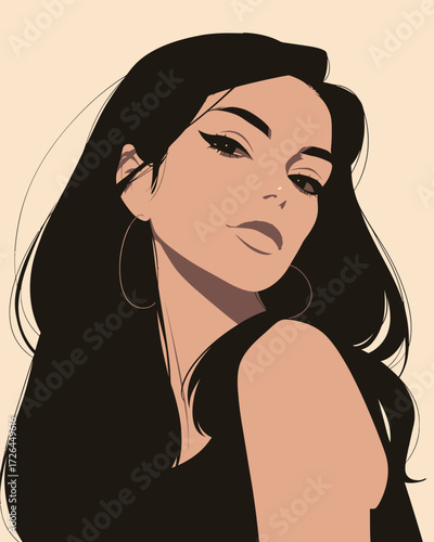 A confident woman with long, flowing black hair and striking eyeliner poses elegantly. She is wearing a simple top and large hoop earrings, showcasing her strong features.