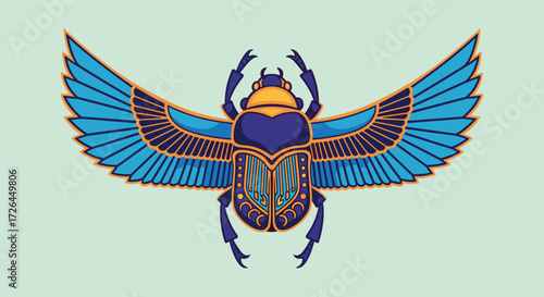 Symbolism of the ancient Egyptian scarab beetle with expansive blue wings and intricate golden details.