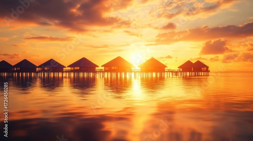 overwater bungalows under a stunning sunset sky, with the golden hues of the sun reflecting off the calm water. The blurred background