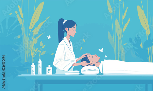 A professional therapist gives a soothing facial treatment to a client in a calming spa environment filled with greenery, promoting relaxation and wellness.