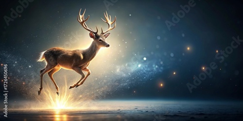 Majestic Buck Leaps Through Sparkling Stardust, Illuminated by a Glowing Ethereal Light