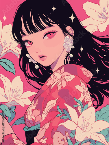 A young woman with long black hair and striking makeup poses against a vibrant pink background filled with large white flowers. She wears a floral kimono and elegant earrings.