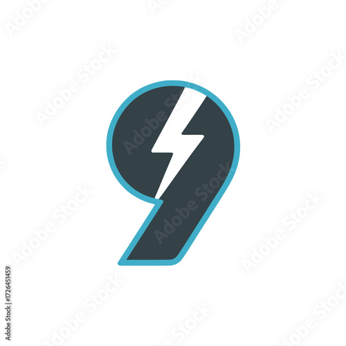 Number nine icon with lightning bolt design, Stylized number nine featuring a bold lightning bolt through its center, symbolizing energy, technology, impact, and digital strength.

