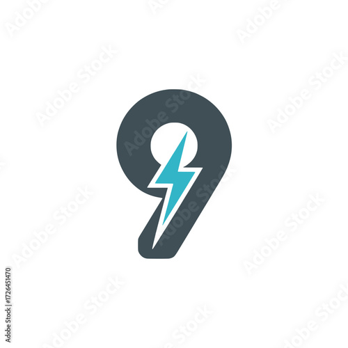 Number nine icon with lightning bolt design, Stylized number nine featuring a bold lightning bolt through its center, symbolizing energy, technology, impact, and digital strength.

