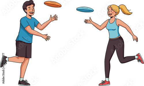 A happy young couple playing frisbee outdoors, enjoying a fun and active day together at the park.