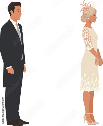  Stylishly Dressed Couple Attending a Formal Event, Wedding, or Party.