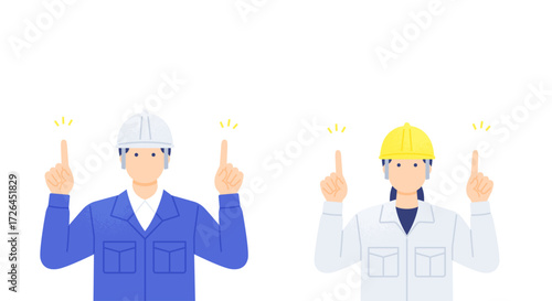 ヘルメットを被った男女の作業員が指差しで注目を促すイラスト