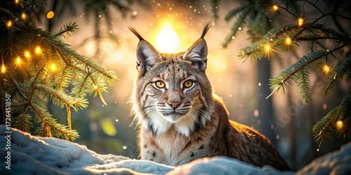 Majestic Lynx in Winter Wonderland  A Serene Festive Scene with Sparkling Lights and Snow