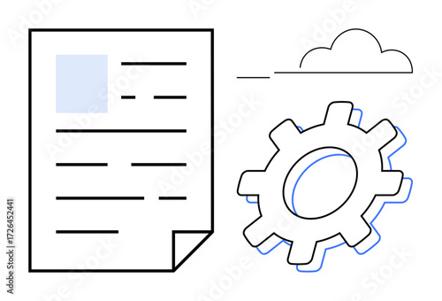Document with outlines, gear representing system settings, and cloud denoting cloud computing. Ideal for technology, data management, cloud services, productivity, system optimization, automation