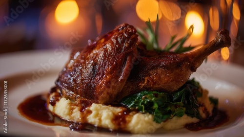 Roasted duck breast with mashed potatoes and greens.