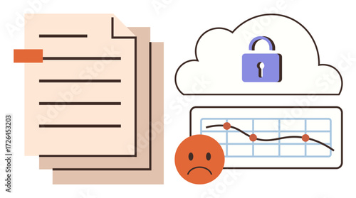 Stacked documents, cloud with lock symbol, declining line graph, and sad face symbolizing data loss, cybersecurity breach, and business performance issues. Ideal for security, technology, risk
