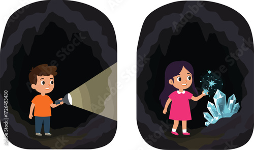 Kids Exploring Dark Cave with Flashlight and Finding Glowing Crystal Rocks, Little Boy and Girl Adventuring Inside a Cavern