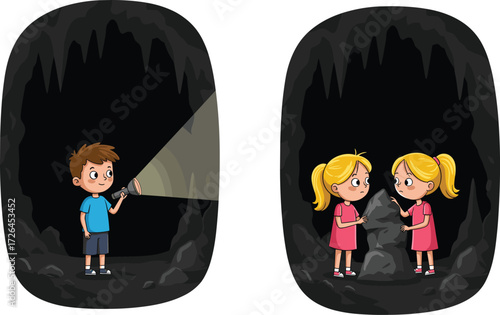 Kids Exploring Dark Cave with Flashlight and Finding Glowing Crystal Rocks, Little Boy and Girl Adventuring Inside a Cavern