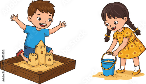 A happy boy and girl playing in a sandbox, building a sandcastle and having summer fun.