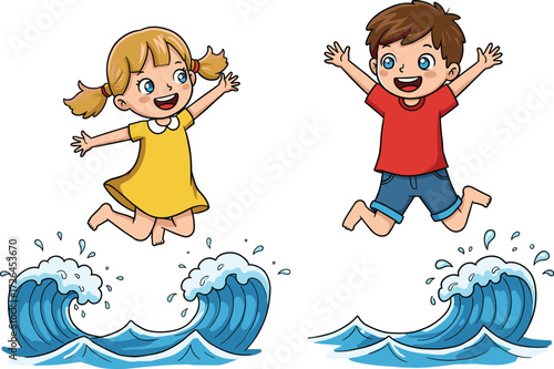 Happy kids jumping over ocean waves, a boy and girl having fun at the beach.