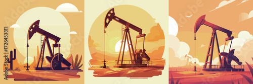 Three pump jacks extract oil during a vibrant sunset, with silhouettes of cacti in the background. The warm colors create a serene yet industrious atmosphere.