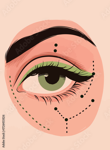 Close-up view of an artistic portrayal of a green eye featuring bold makeup. The design includes lines and dots indicating makeup application techniques.
