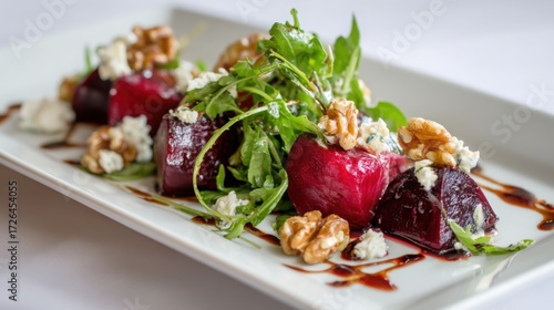 beetroot salad close up, roasted beets, goat cheese, walnuts, arugula, elegant plating, fine dining presentation