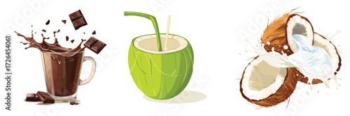 set of 3 sweet drinks with donut orange and coconut vector illustrations