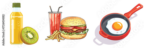 set of 3 breakfast food fried egg soup and tea vector illustrations