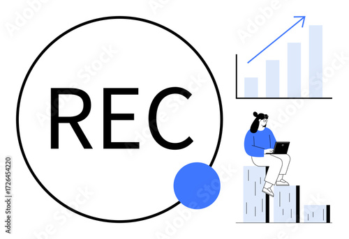Large REC button, graph indicating upward growth, person using laptop sitting on bar chart. Ideal for productivity, growth tracking, remote work, creativity, development, technology simple flat