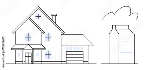 Minimalistic line art of a two-story house with windows, a garage, and a tall building under a cloud. Ideal for real estate, urban planning, sustainability, architecture, homeownership, lifestyle