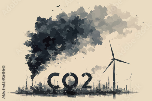 Dark smoke rises from factories while wind turbines stand tall, symbolizing the clash between pollution and clean energy. The artwork provokes thoughts about environmental impact.