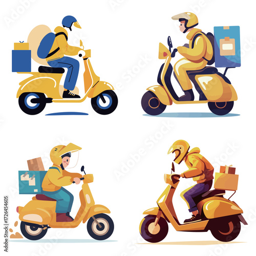 Group of delivery riders on yellow scooters shown from different angles. They are transporting packages in a vibrant urban area.