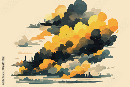 Dark clouds mix with bright yellow hues above factories and wind turbines during sunset, creating a dramatic skyline. Birds can be seen flying through the clouds.