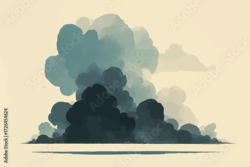 A scene shows large, billowing clouds in shades of gray and blue hovering above a serene ocean. The calm water reflects the soft hues of the atmosphere at dusk.