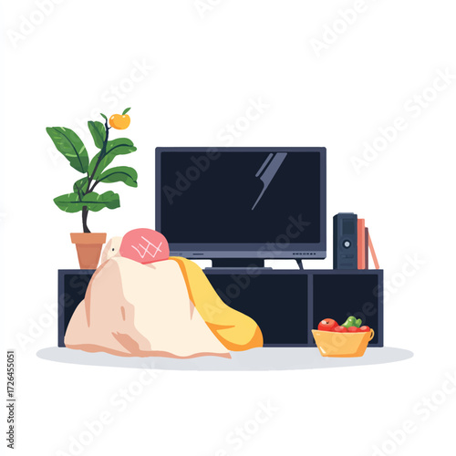 Cozy Living Room Scene with Beanbag TV and Plant.