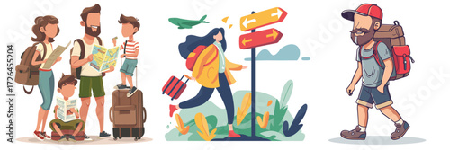 set of 3 travel landmarks eiffel tower great wall and tropical resort vector illustrations