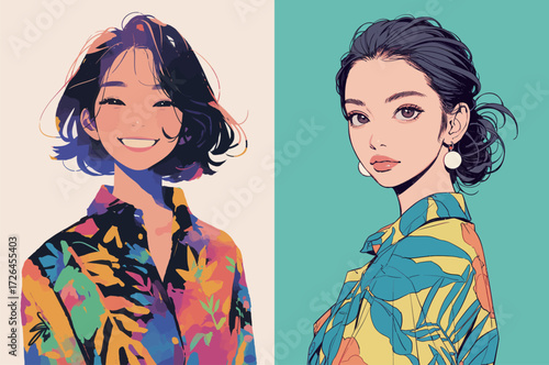 Two women showcase joyful expressions while wearing brightly patterned floral shirts against contrasting backgrounds. Their styles and poses reflect a lively vibe.