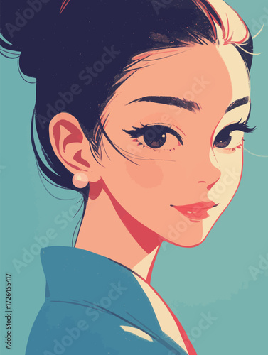A young woman with dark hair styled in a bun smiles gently. She wears pearl earrings and a blue garment, standing out against a soft blue background.