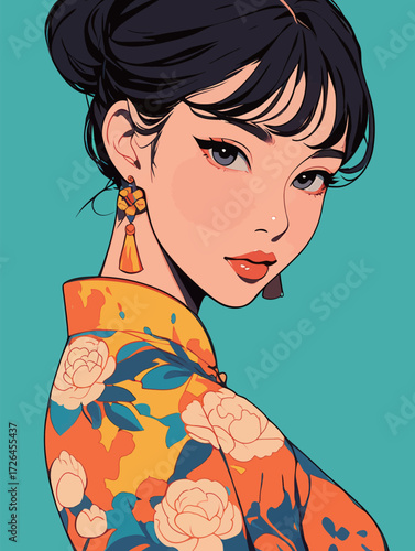 A young woman with dark hair styled in an updo wears a bright floral dress. Her accessories include dangling earrings. The background is a lively teal color.
