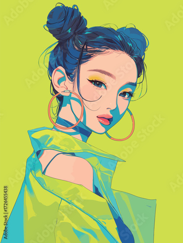 A young woman with two buns and large hoop earrings looks confidently at the viewer. Her vibrant outfit contrasts against a bold yellow background.