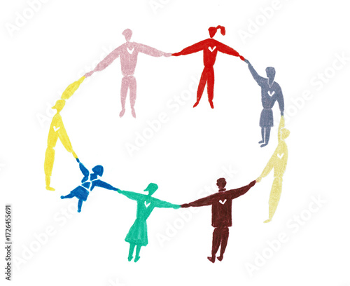 手描きイラスト　輪になって手をつなぐ人々