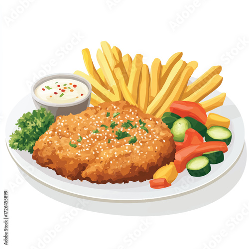  Crispy Fried Chicken Cutlet with Golden French Fries and Fresh Vegetables