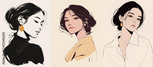 Three artistic illustrations display women with distinct hairstyles and fashionable earrings, emphasizing elegance and individuality in their looks.