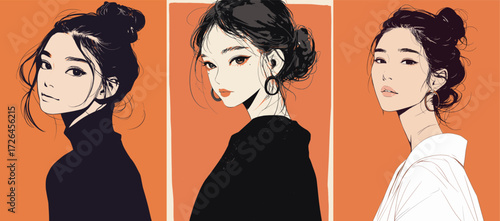 Three elegant women are depicted in unique styles, showcasing their beauty and fashion against vibrant orange backgrounds. Each has a distinct expression and hairstyle.