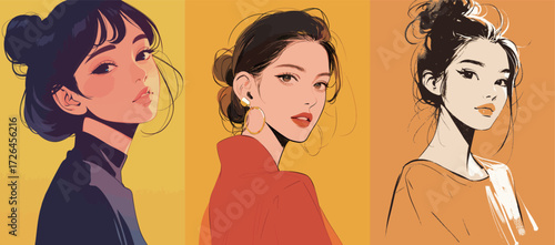 Three unique portraits of young women are displayed, each highlighting different hairstyles and expressions. The vibrant yellow backgrounds enhance their beauty and style.