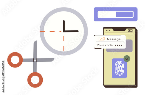 Scissors near clock, phone screen receiving code, and fingerprint login. Ideal for security, authentication, time, access control, data safety, user experience simple flat metaphor