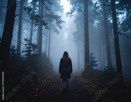 Fototapeta Naklejka Na Ścianę i Meble -  A lone woman walks a misty forest path, shrouded in fog