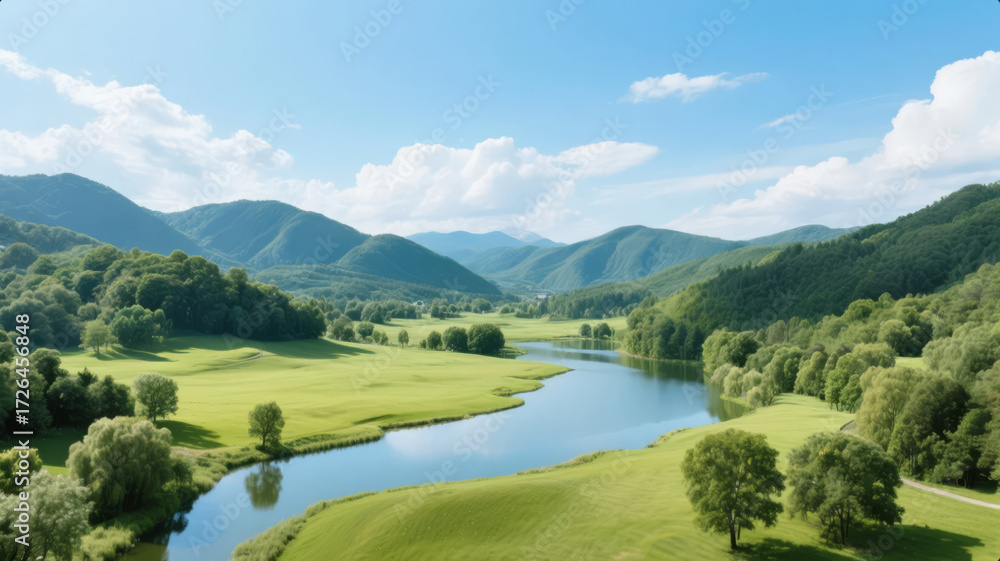 Obraz premium Start of Autumn (Liqiu) Solar Term: Pastoral River and Green Grassland, Healing Scenery Background