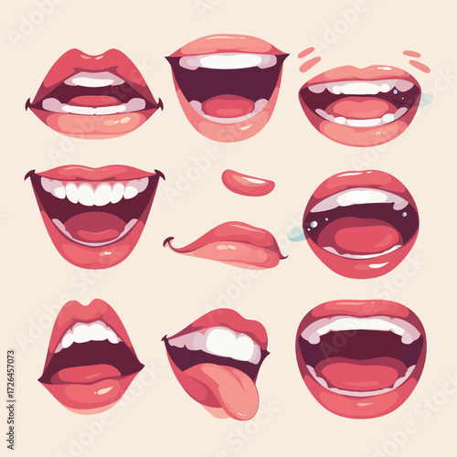 Collection of mouth illustrations displaying different emotions and activities such as laughing, talking, and expressing joy. Bright, colorful, and engaging designs bring energy.