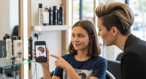 A woman and a girl in a salon, discussing a hairstyle.