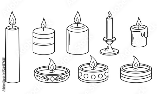 Collection of hand drawn candles with flickering flames in outline style